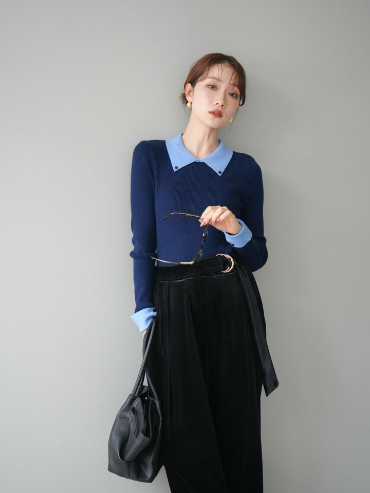 [予約]ニットカフス襟付き配色リブニットトップス/navy