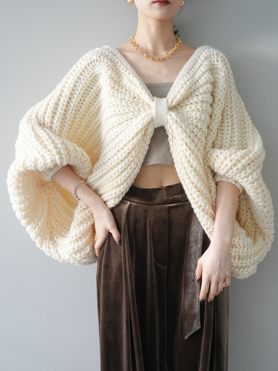 [SET]ローゲージ畦編みドルマンニットボレロ+選べるアクセセット(2set)