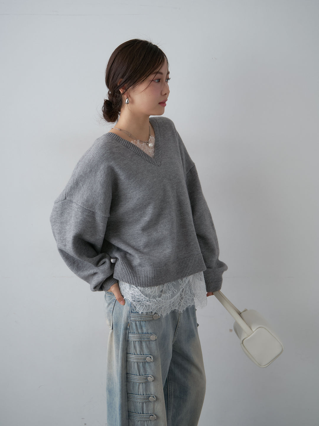 [SET]アルパカタッチレースドッキングVネックニットトップス+アルパカタッチレースドッキングVネックニットトップス(2set)