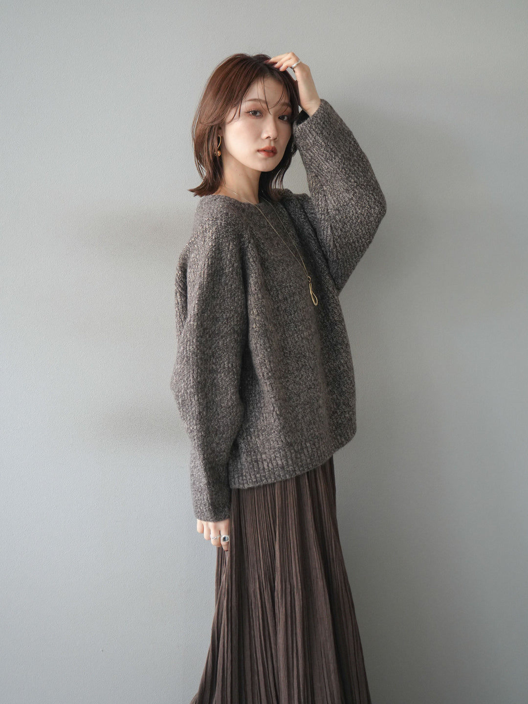 [予約]クルーネック畦編みミックスニット/brown