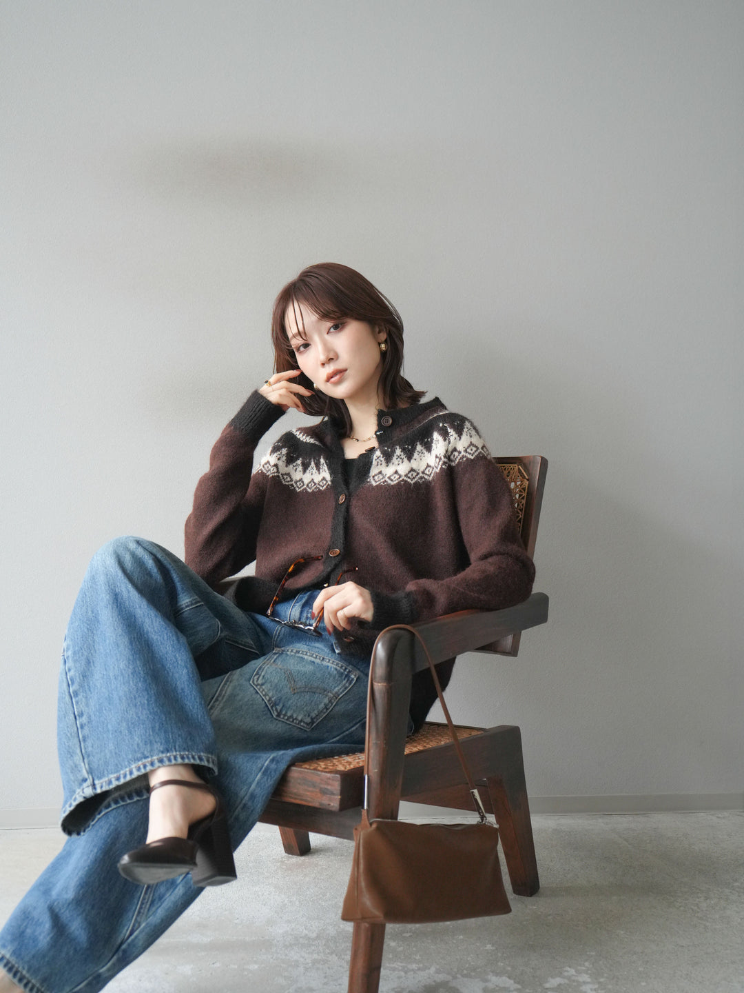 [SET]ノルディック柄ニットカーディガン+ペインターカーブデニムパンツ(2set)