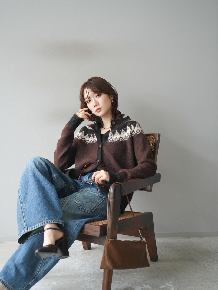 [SET]ノルディック柄ニットカーディガン+ペインターカーブデニムパンツ(2set)