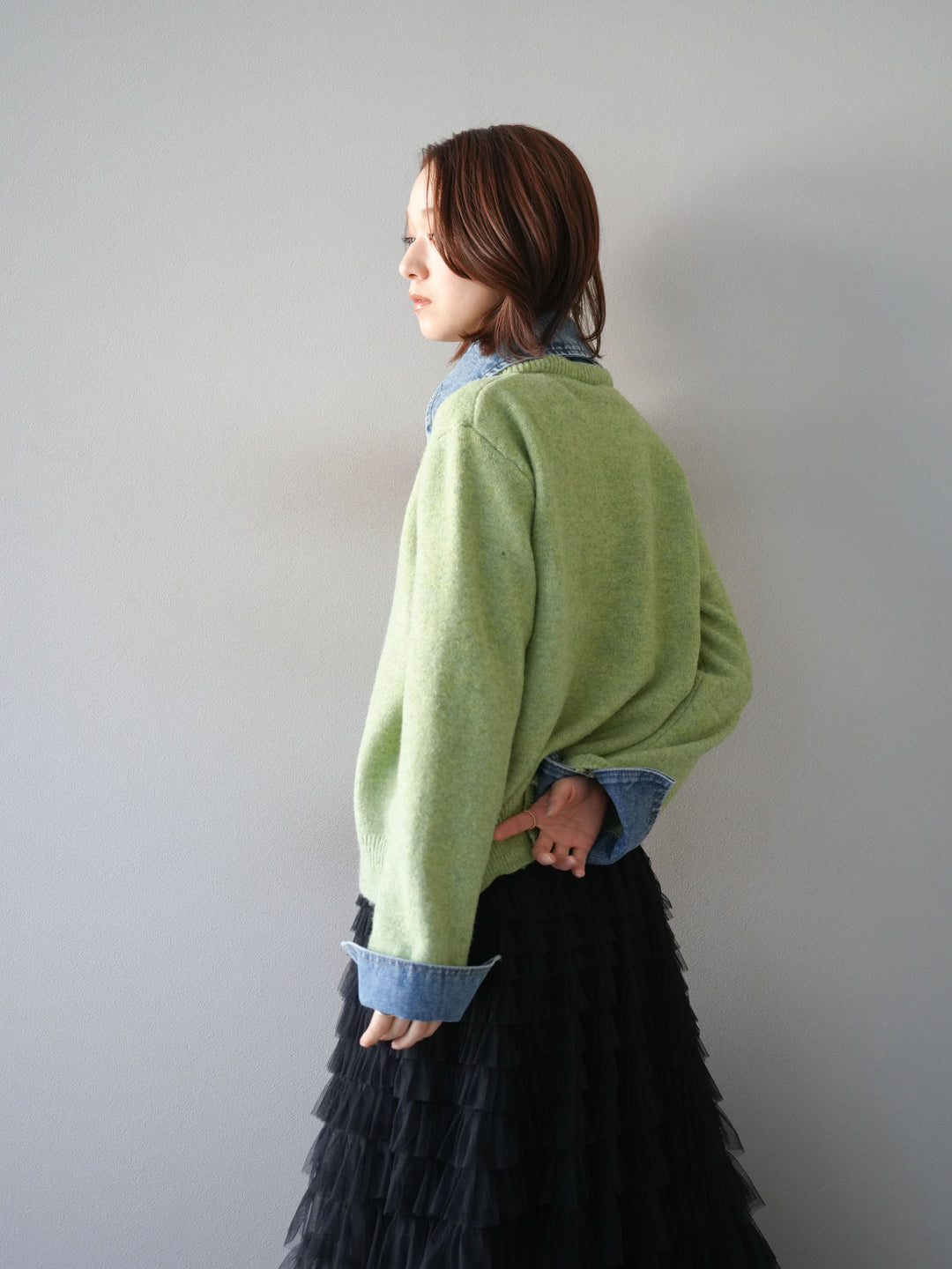 [予約]デニム襟ボタンニットカーディガン/pistachio