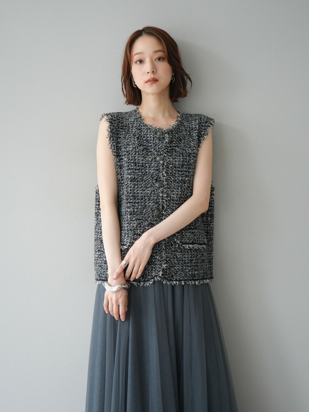 [予約]ミックスツイードフリンジニットベスト/ブラック