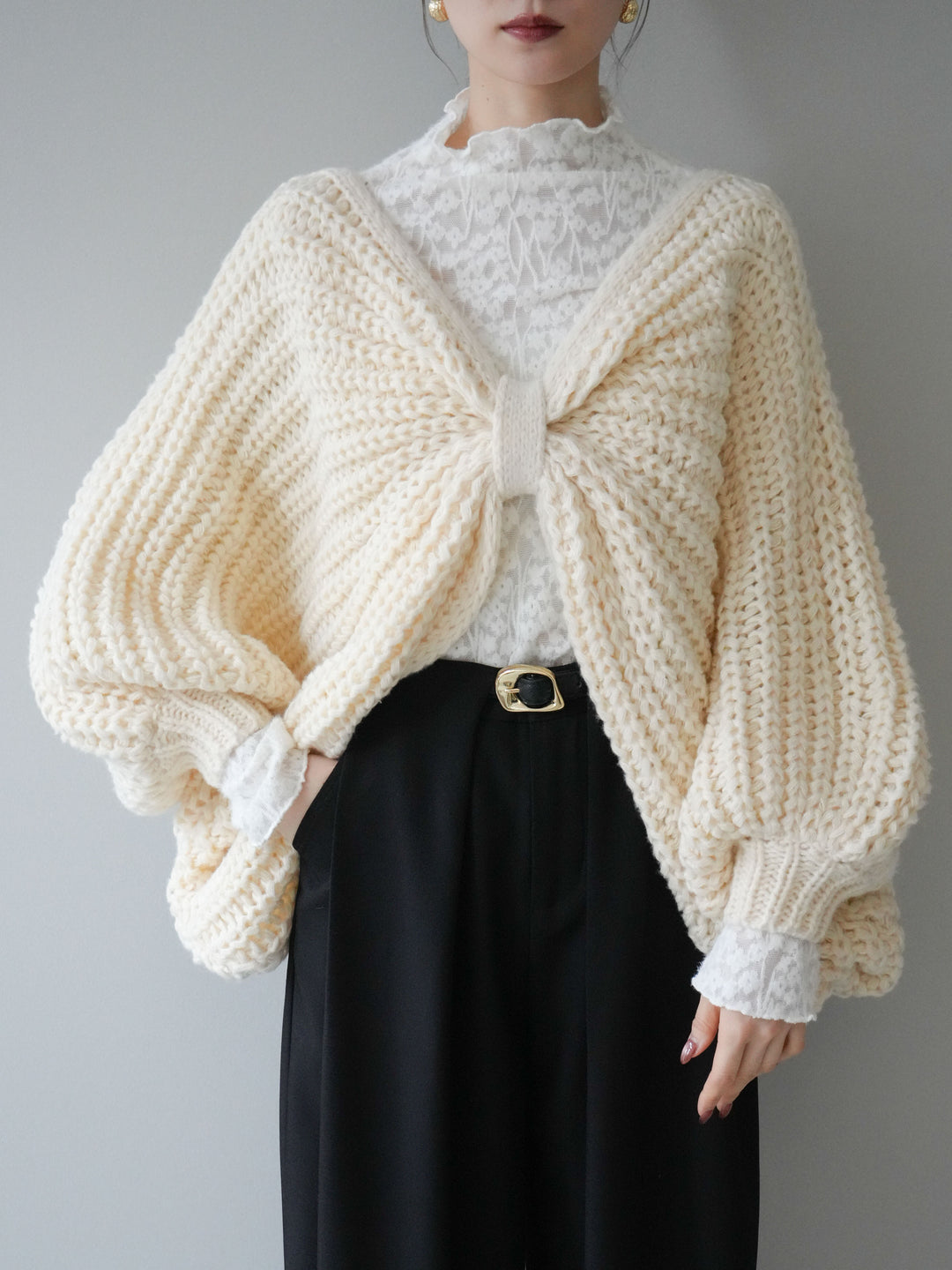 [予約]ローゲージ畦編みドルマンニットボレロ/ivory