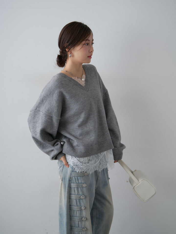 [SET]アルパカタッチレースドッキングVネックニットトップス+選べるアクセセット(2set)