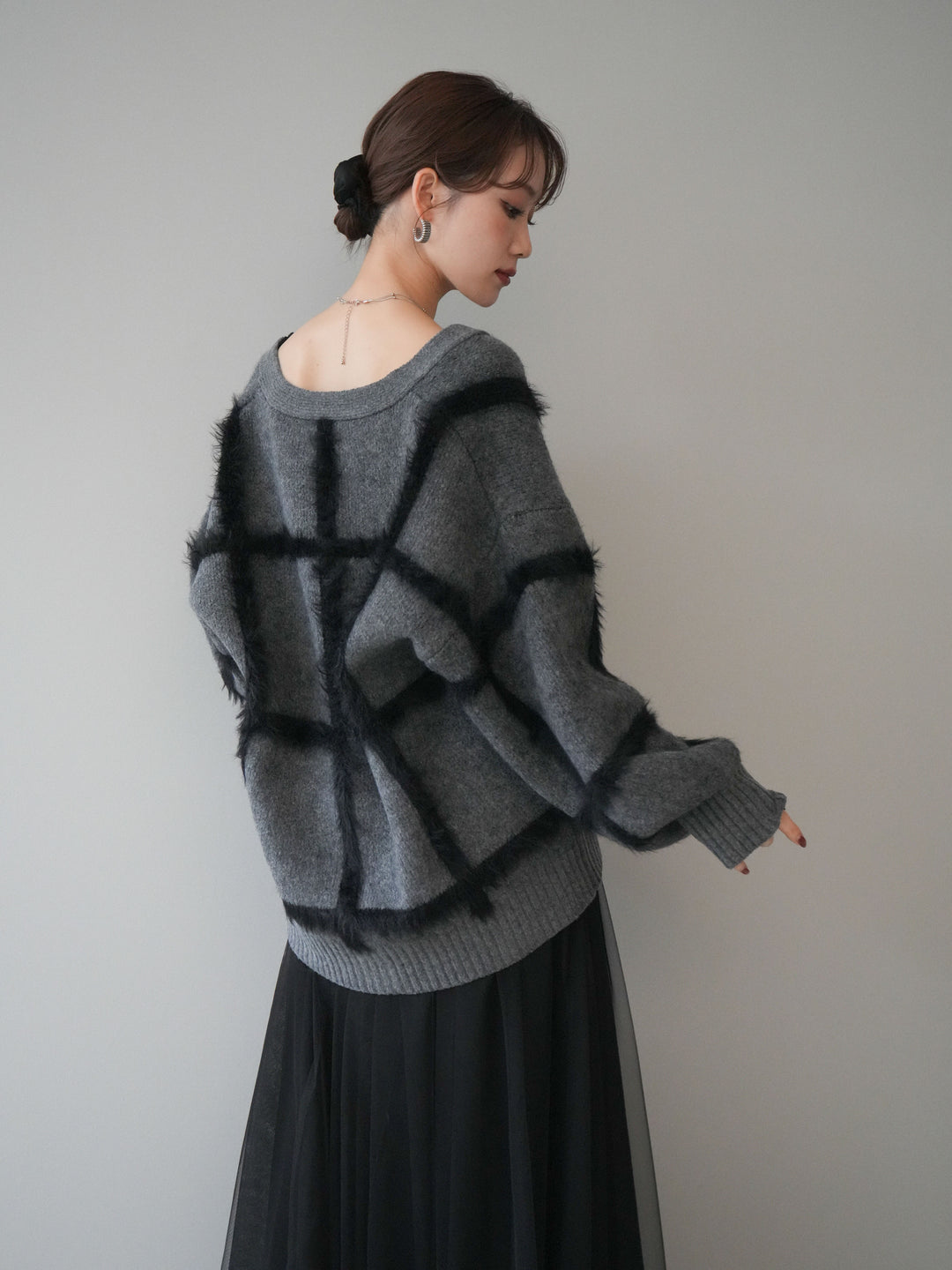 [予約]ミックスシャギーチェックカーディガン/charcoal
