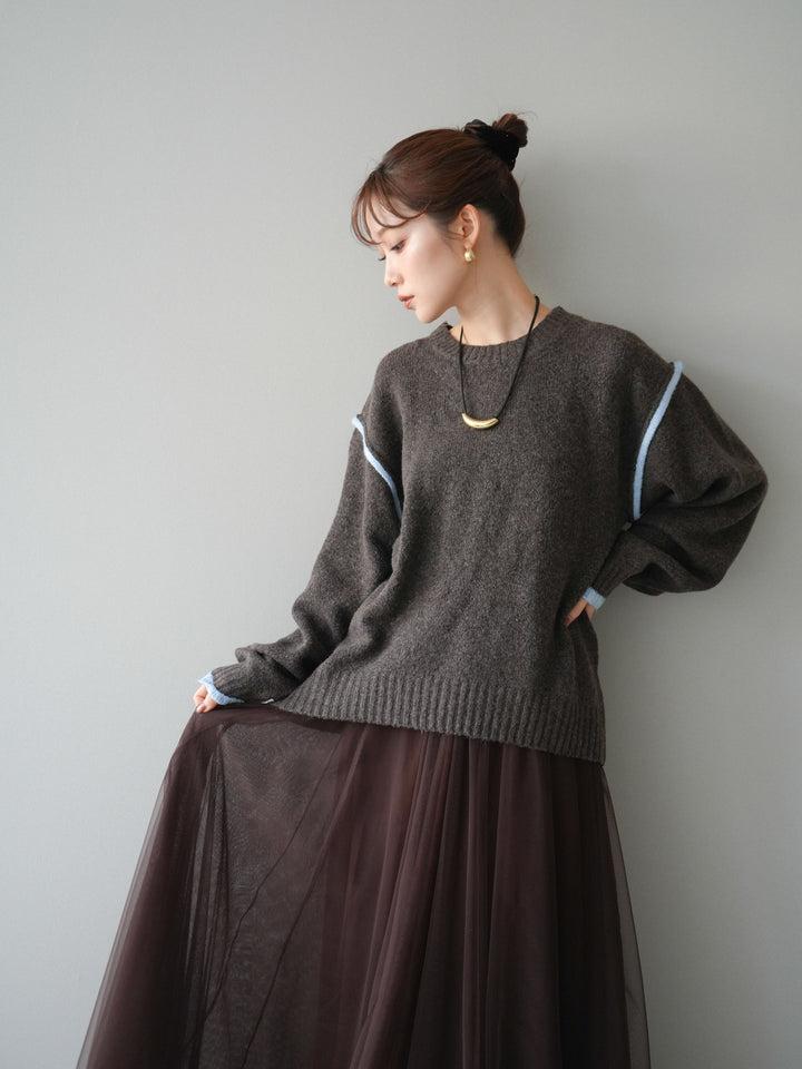 [予約]バイカラーパイピングニットプルオーバー/brown