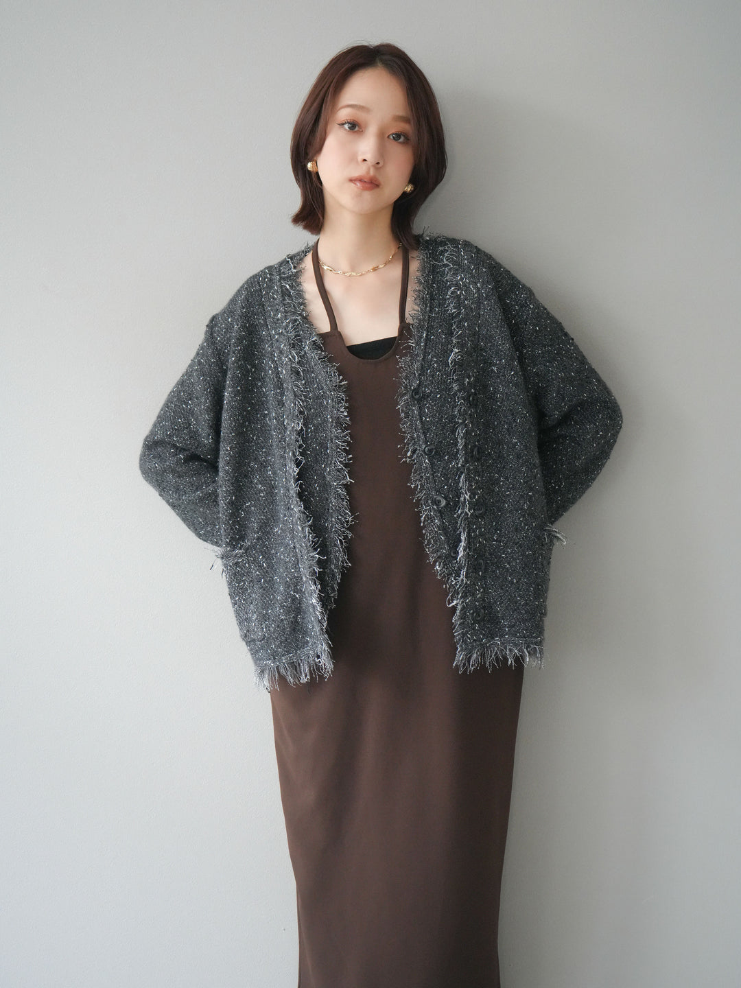 [予約]ネップフリンジニットカーディガン/ gray