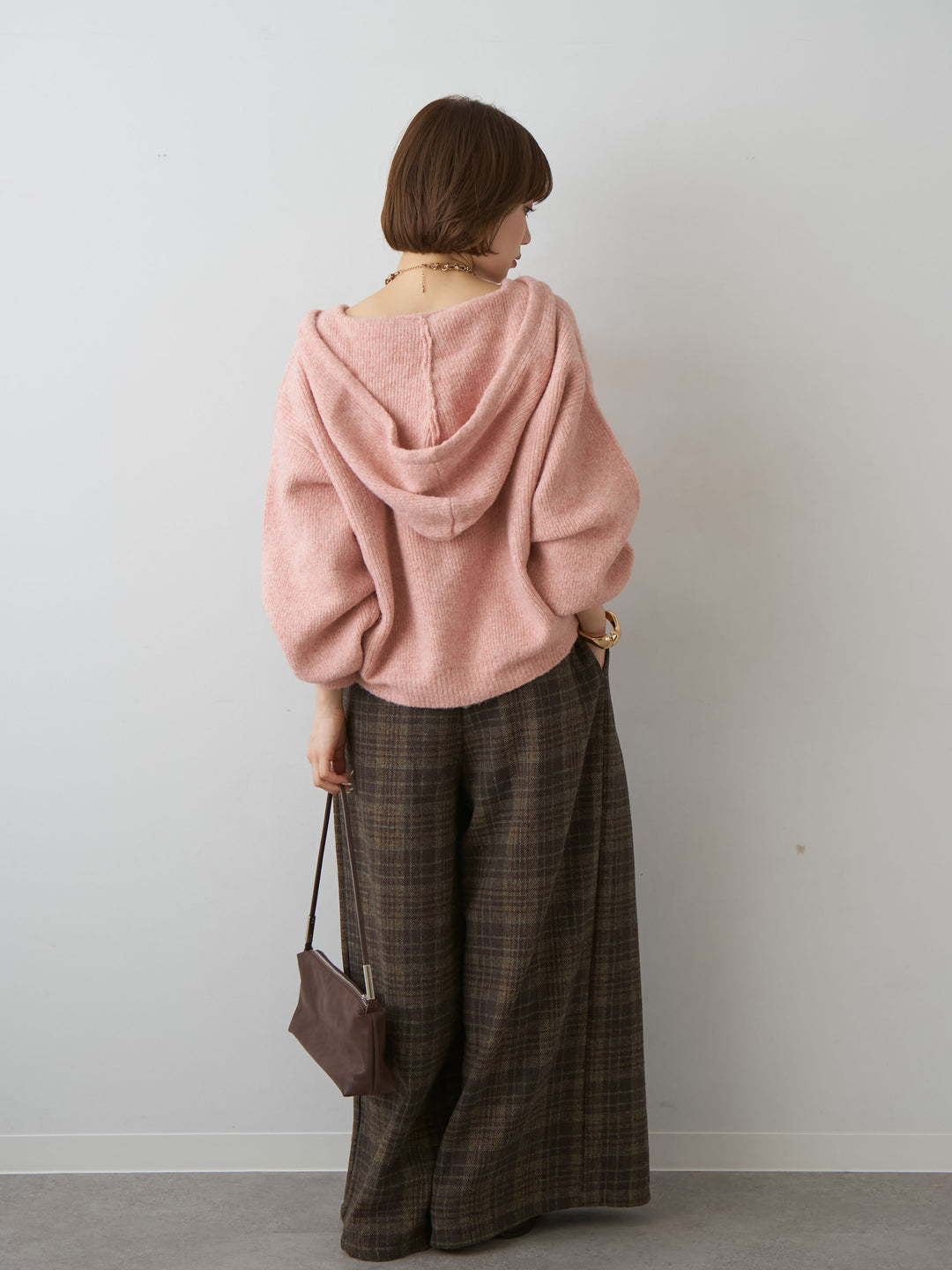 [SET]アルパカタッチソフトリブフードニットトップス+チェックダブルタックワイドパンツ(2set)