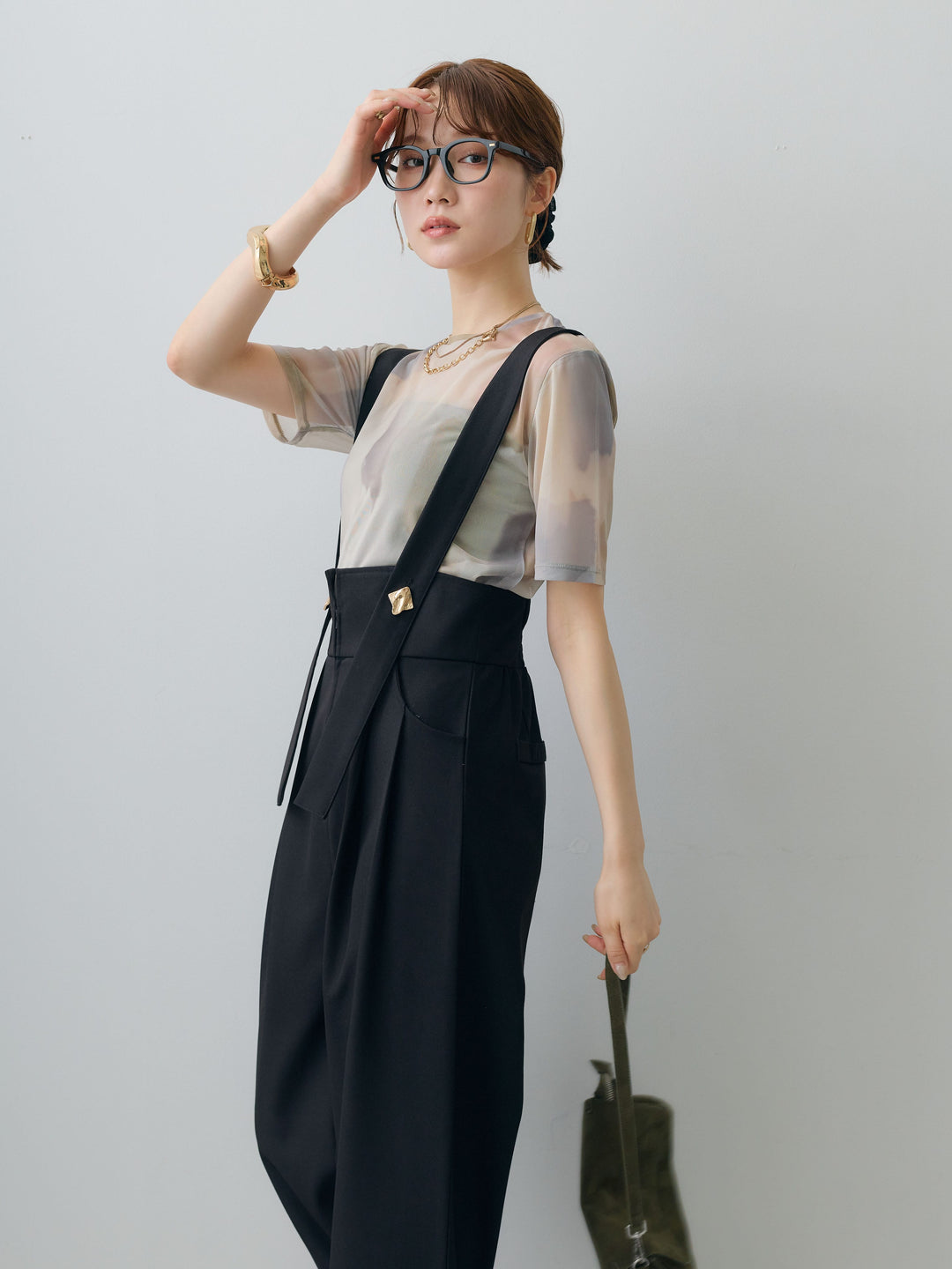 [SET]水彩アートシアーTシャツ+ゴールドボタンサスペンダーワイドパンツ(2set)