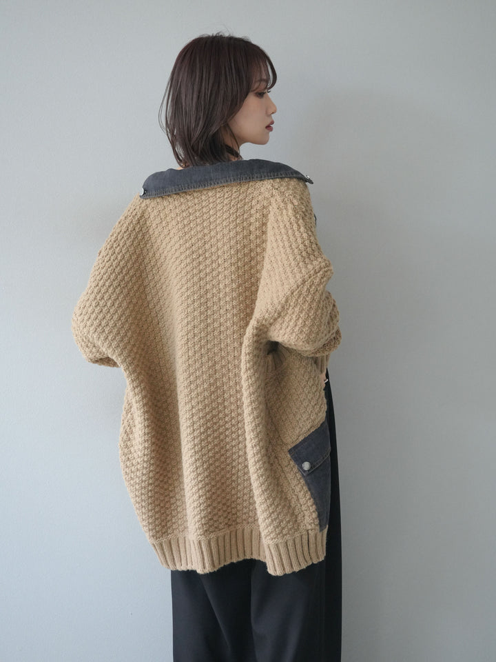 [SET]デニム襟レイヤードニットジャケット+デニム襟レイヤードニットジャケット(2set)