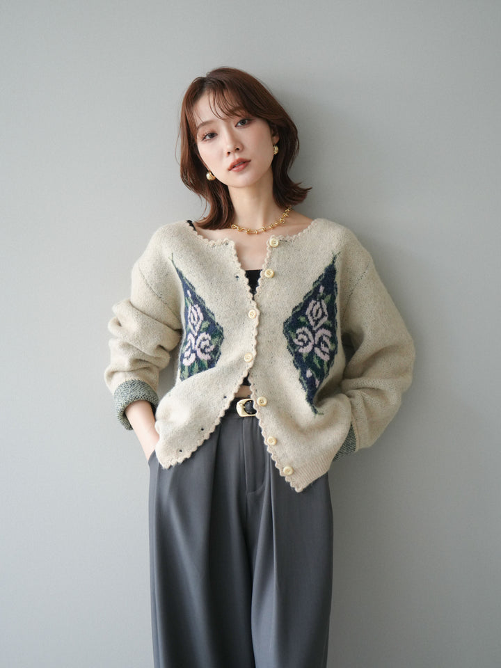 [予約]アンティークフラワージャガードニットカーディガン/ivory