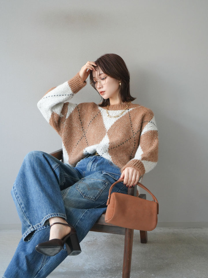 [予約]アーガイルオーバーニットプルオーバー/camel