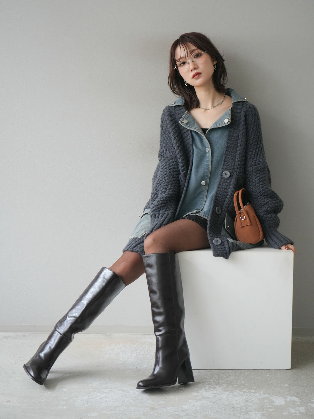 [予約]デニム襟レイヤードニットジャケット/gray