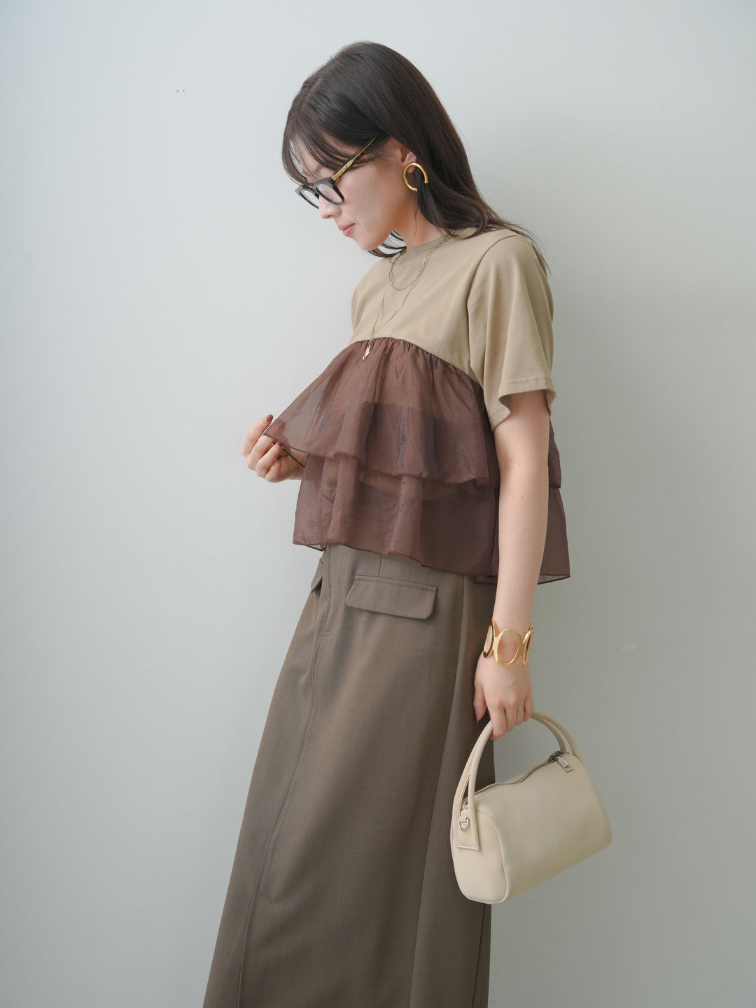 [SET]オーガンジーフリルドッキングTEE+クレープデシンフラップ付きストレートスカート(2set)