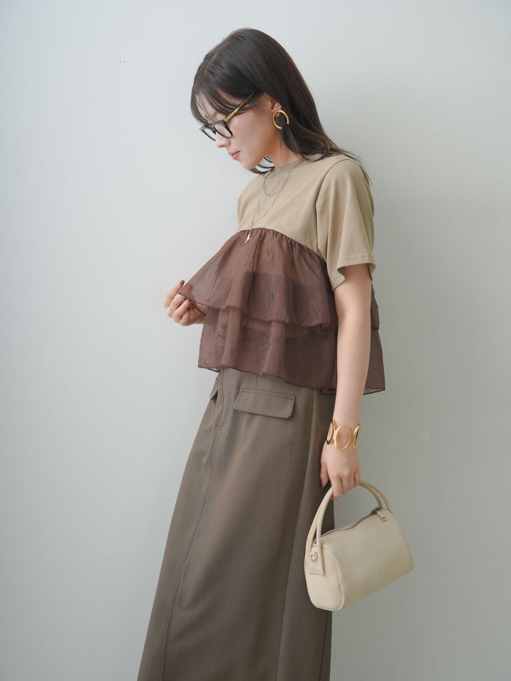 [SET]オーガンジーフリルドッキングTEE+クレープデシンフラップ付きストレートスカート(2set)