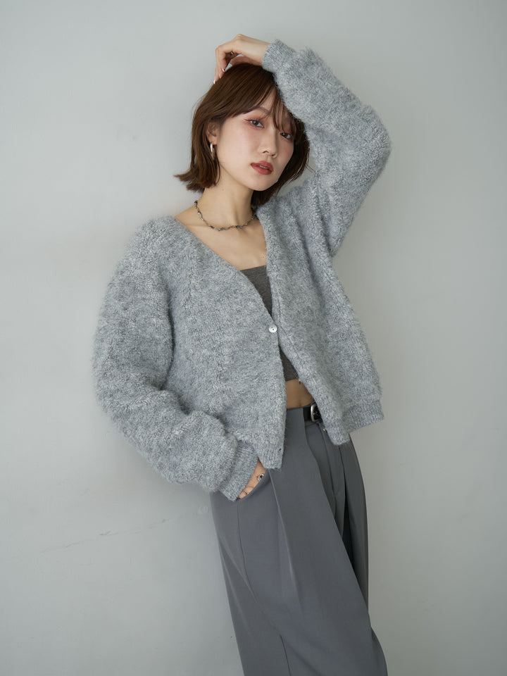 [SET]ブークレクロップニットカーディガン+ベルトループデザインワイドパンツ(2set)