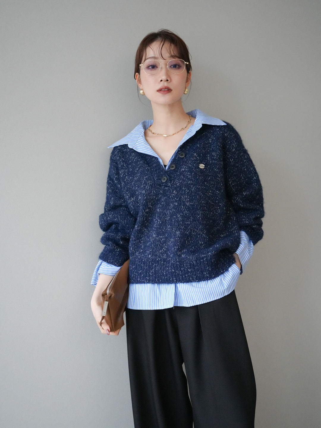 [予約]ストライプシャツドッキングMIXヤーンニットプルオーバー/navy