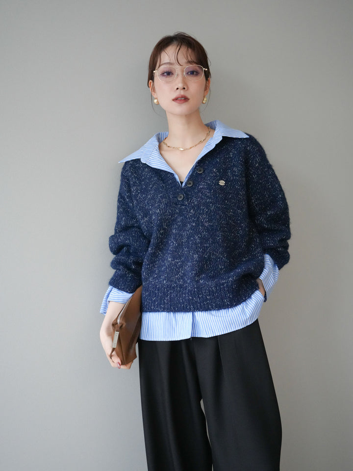 [予約]ストライプシャツドッキングMIXヤーンニットプルオーバー/navy