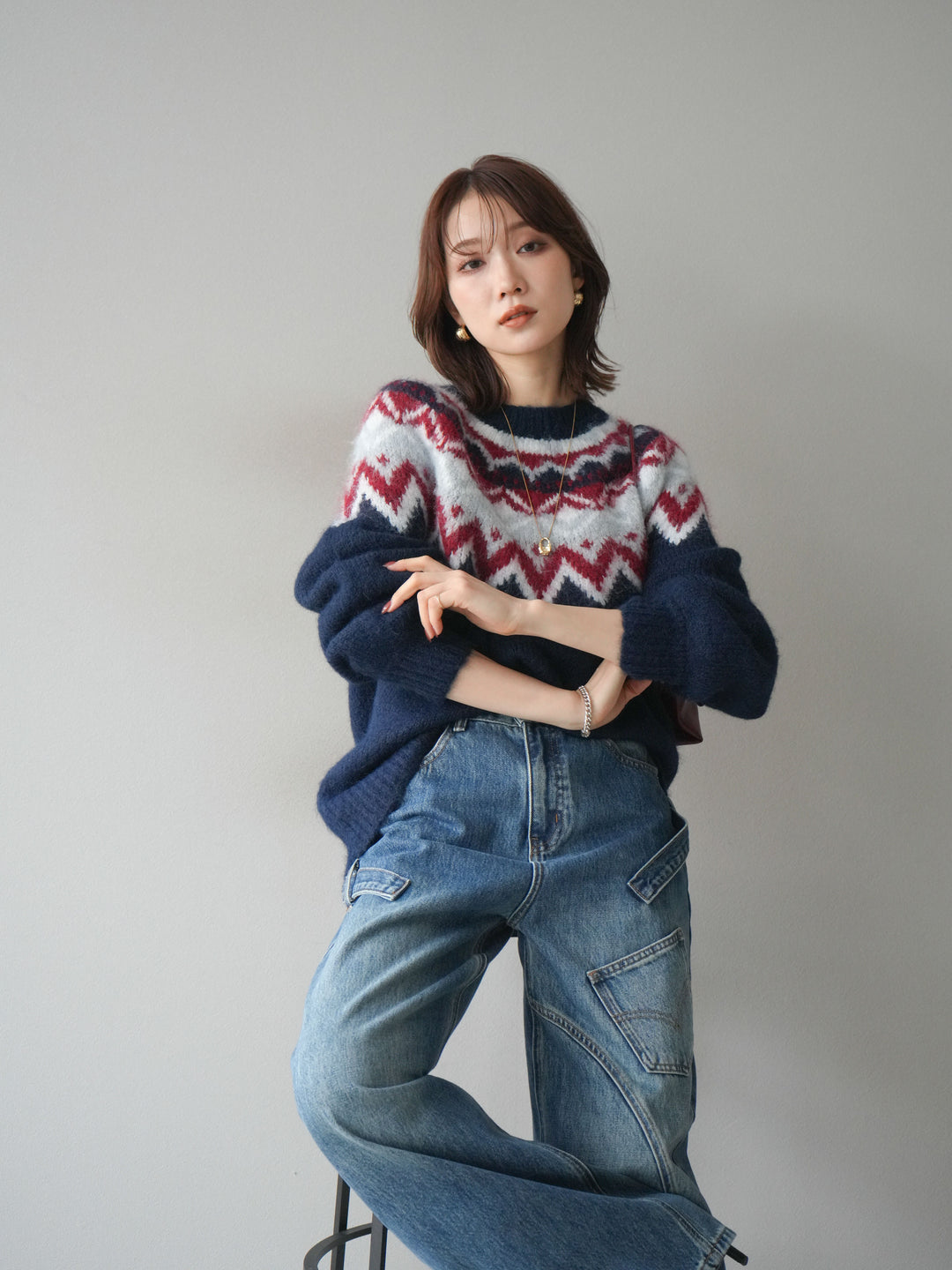 [SET]求心柄オーバーニットプルオーバー+ペインターカーブデニムパンツ(2set)