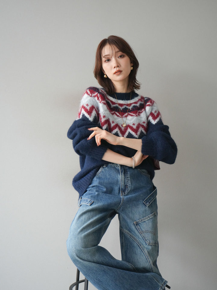 [SET]求心柄オーバーニットプルオーバー+ペインターカーブデニムパンツ(2set)