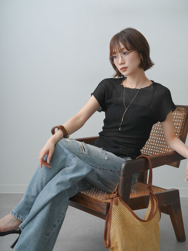 [SET]シャーリングシアーバックオープンフレンチトップス+ダメージデニムセミワイドパンツ(2set)