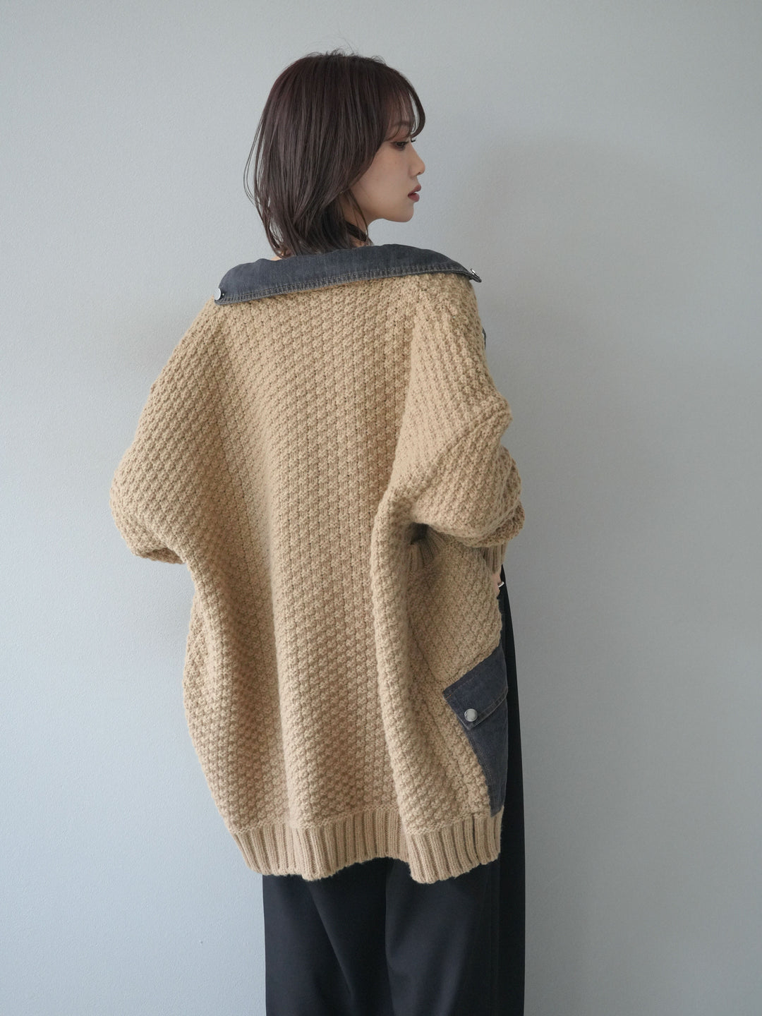 [予約]デニム襟レイヤードニットジャケット/beige