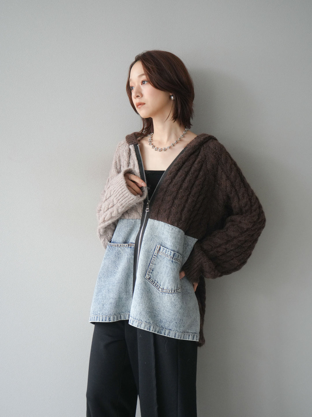 [予約]デニム×バイカラーニットZIPフーディ/brown