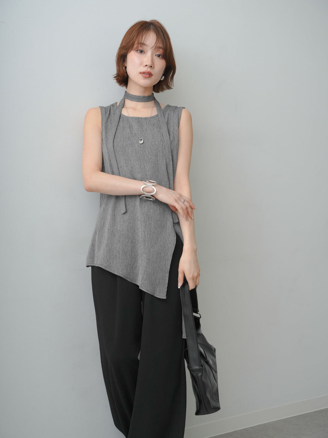 [SET]タイ付アシメヘムノースリトップス+リラックスドレープスウェットパンツ(2set)