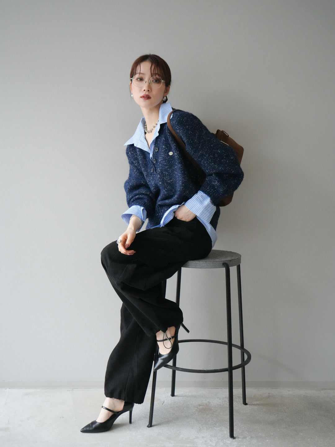 [予約]ストライプシャツドッキングMIXヤーンニットプルオーバー/navy