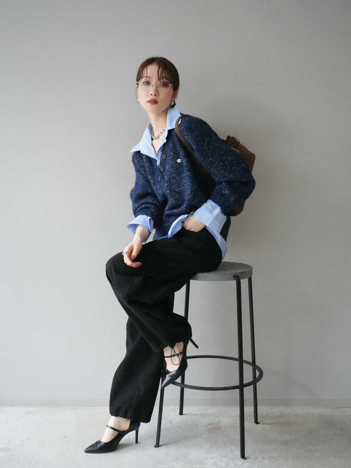 [予約]ストライプシャツドッキングMIXヤーンニットプルオーバー/navy