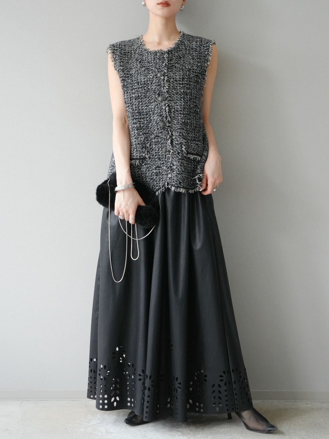 [予約]ミックスツイードフリンジニットベスト/ブラック