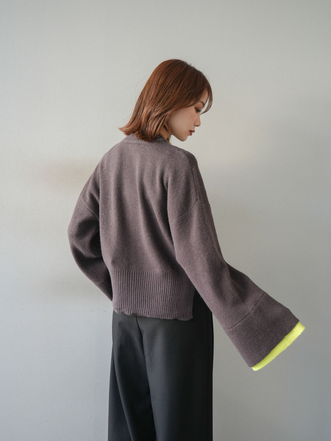 [予約]袖レイヤード配色ニットプルオーバー/brown