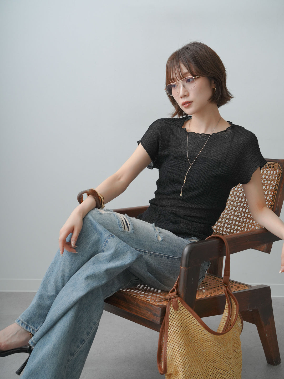 [SET]シャーリングシアーバックオープンフレンチトップス+シャーリングシアーバックオープンフレンチトップス(2set)