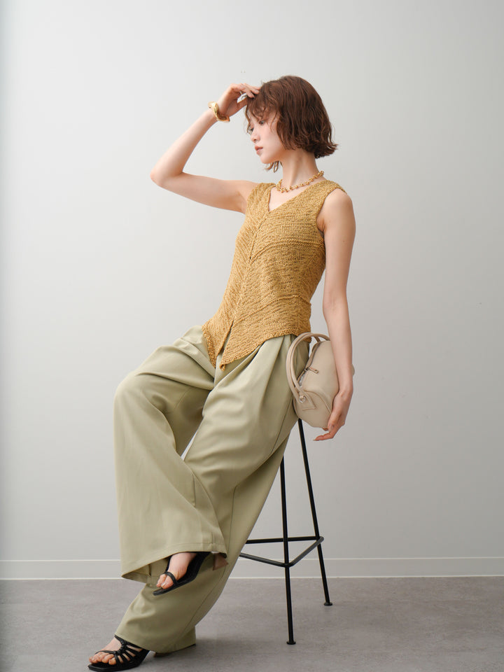 [予約]テープヤーンVネックニットトップス/khaki