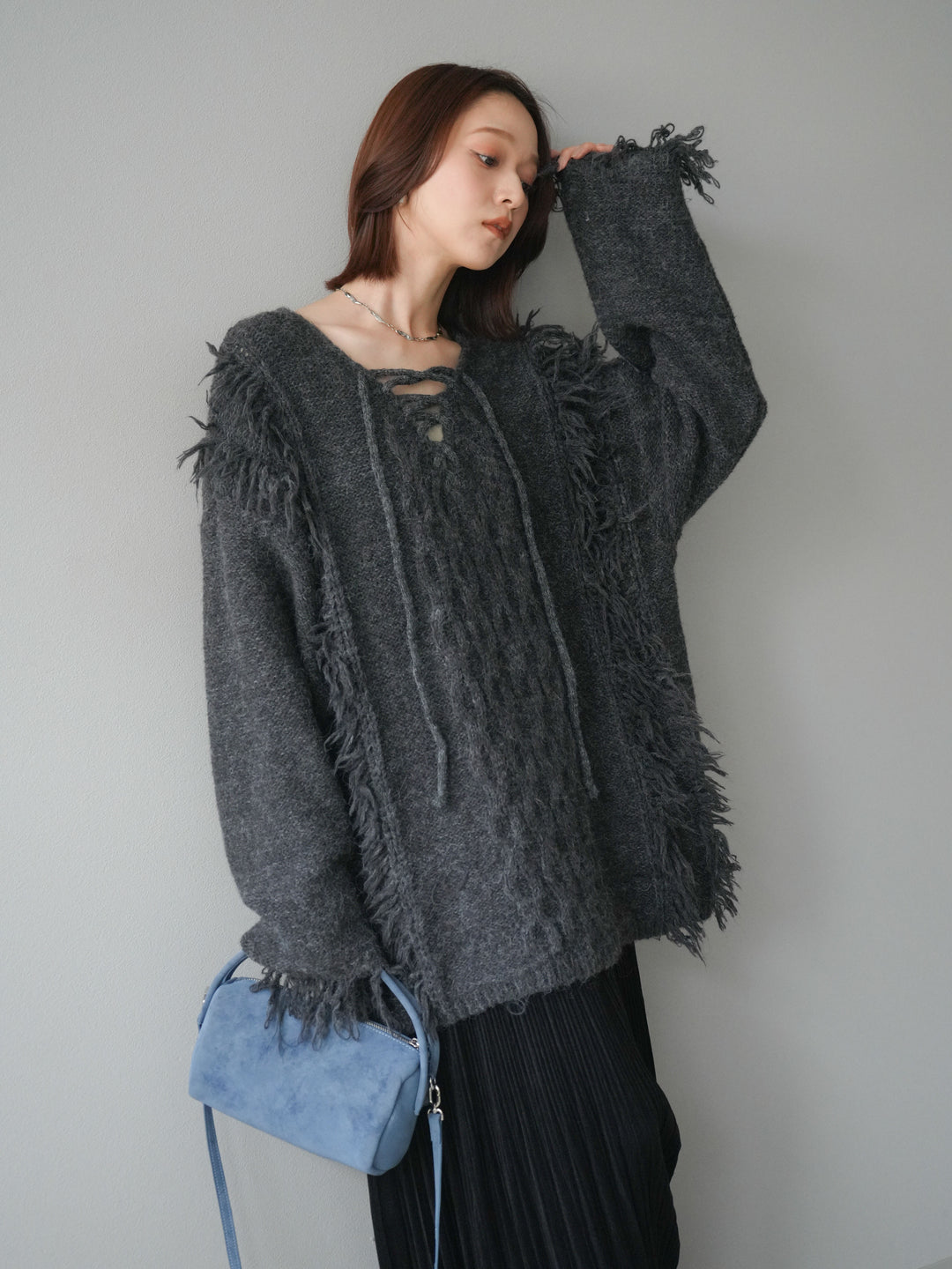 [予約]レースアップフリンジニットプルオーバー/gray
