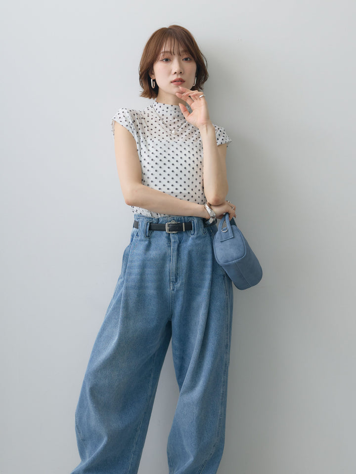 [SET]プチネックドットシアートップス+ハイウエストベルトループデザインデニムパンツ(2set)