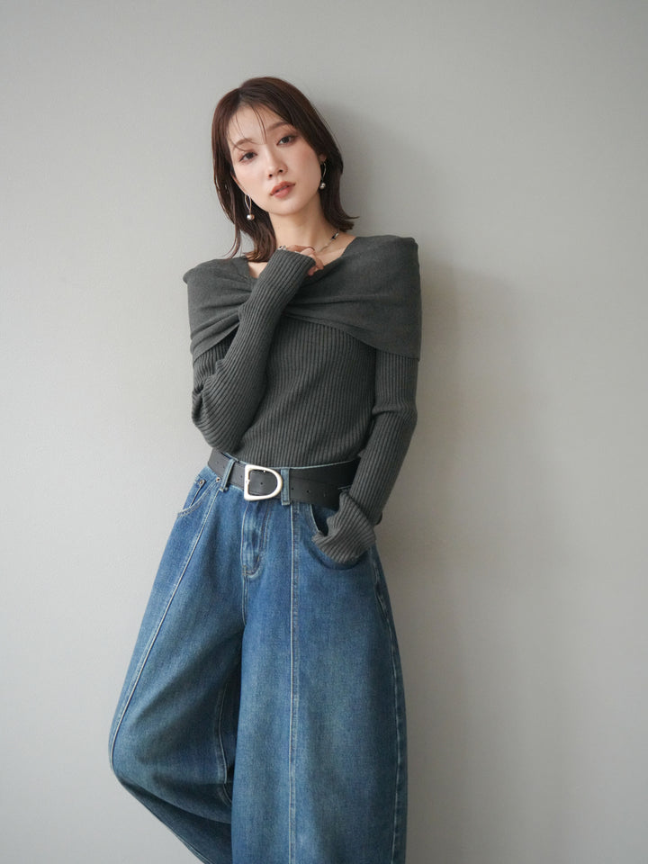 [予約]リボンモチーフオフショルリブニットトップス/gray
