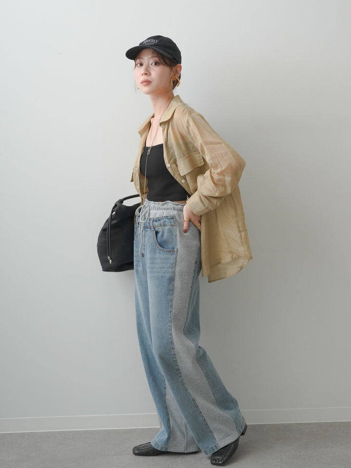 [SET]シアーWポケットオーバーシャツ+デニム切替スウェットパンツ(2set)