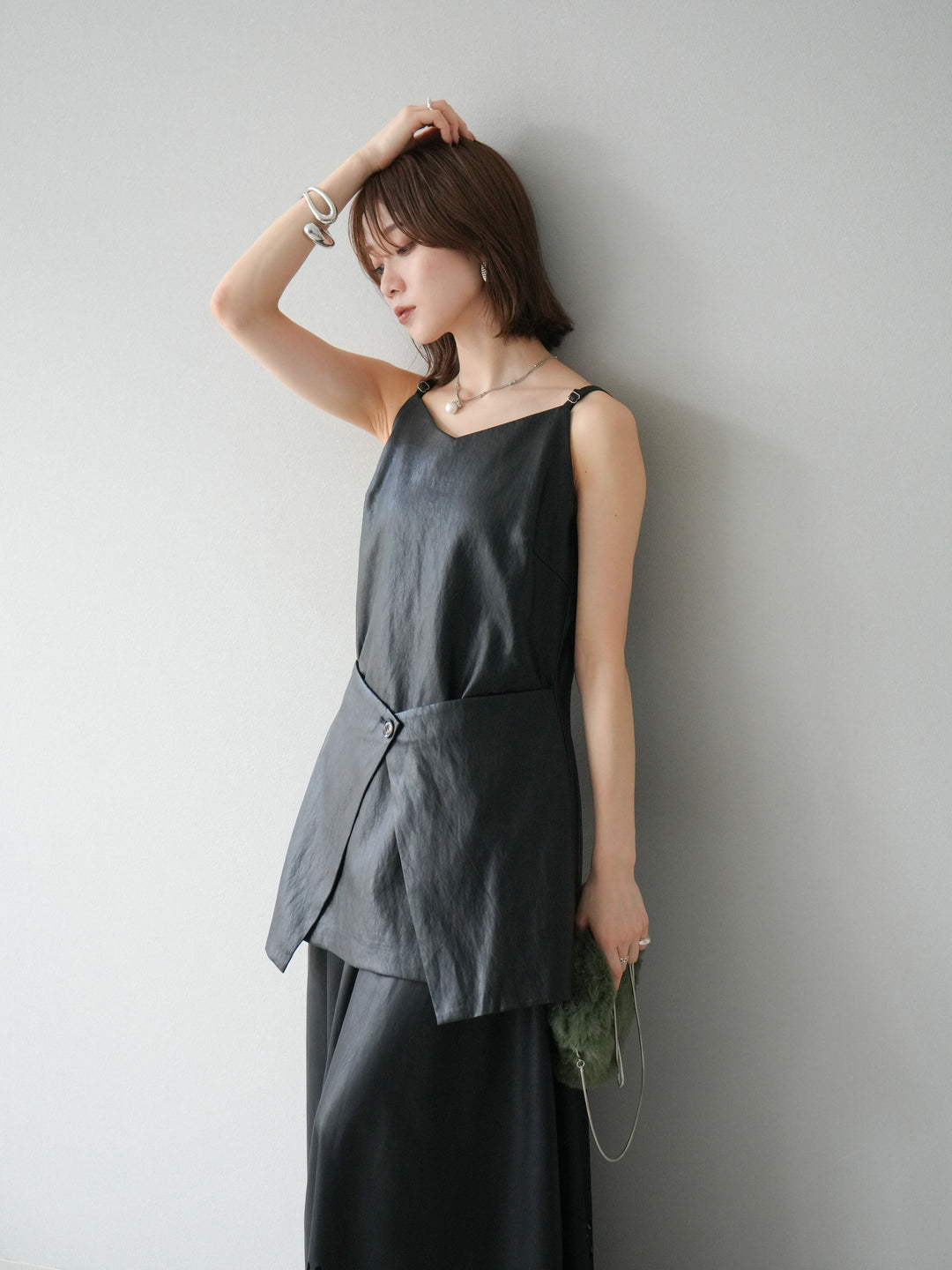 [予約]レイヤードレザーキャミソールチュニック/ブラック