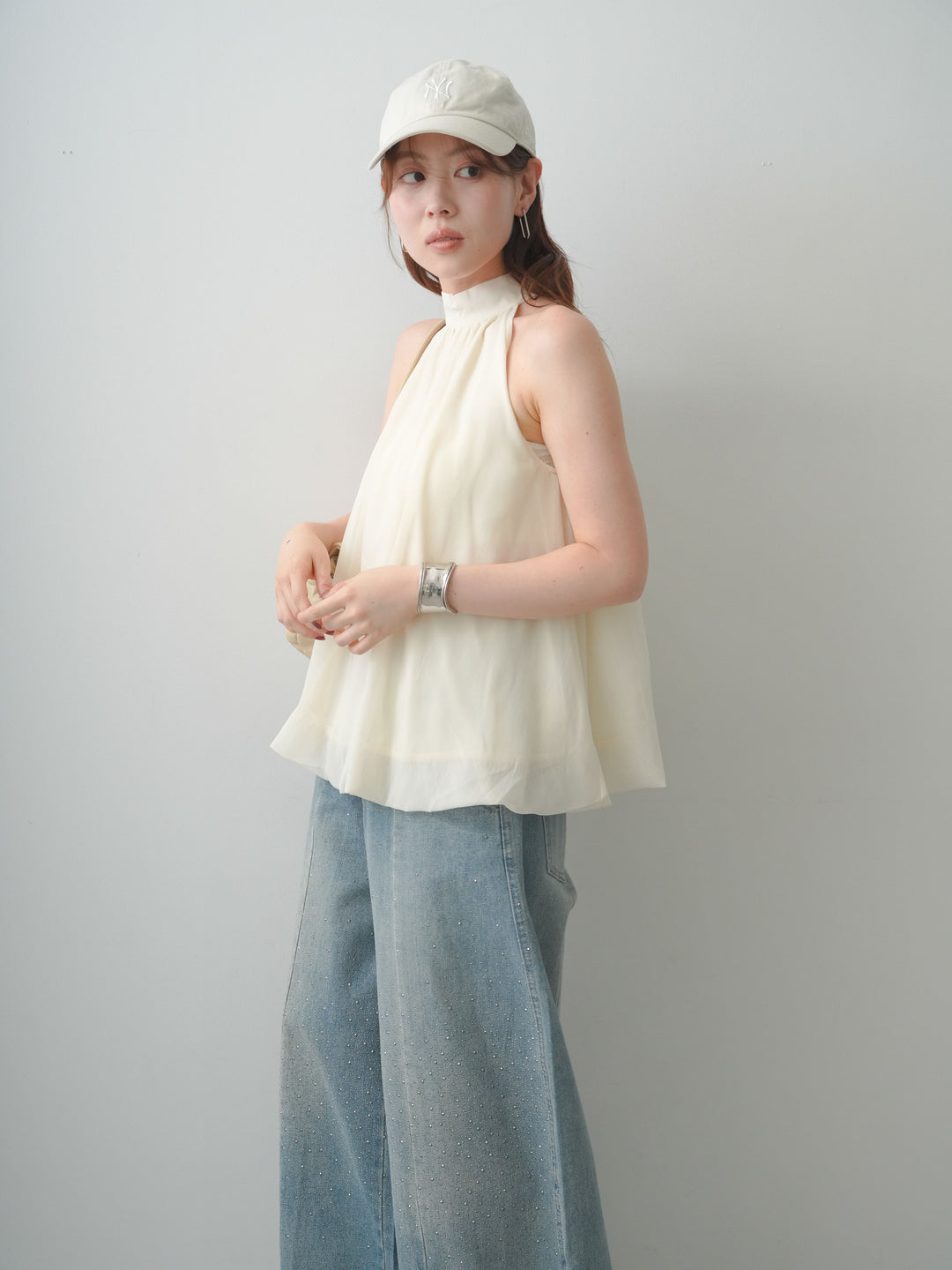 [SET]シフォンアメスリバルーンブラウス+フロントビジューカーブデニムパンツ(2set)