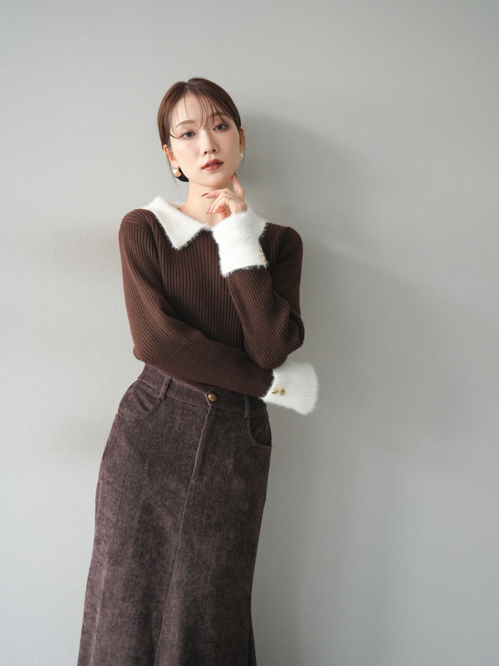 [SET]シャギー襟リブニットトップス+ベルベットマーメイドスカート(2set)