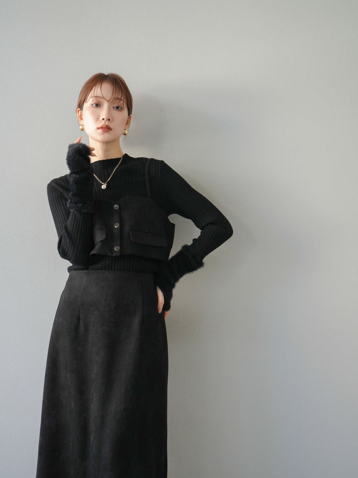 [SET]スウェードビスチェ+アームシャギーランダムリブニットトップス+スウェードIラインスカート(3set)