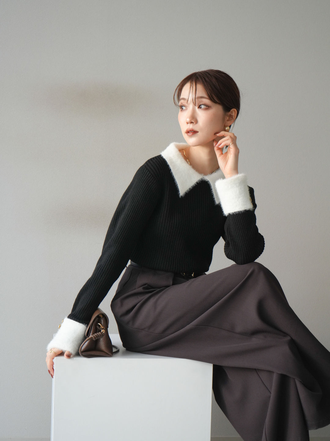 [SET]シャギー襟リブニットトップス+ベルトループデザインワイドパンツ(2set)