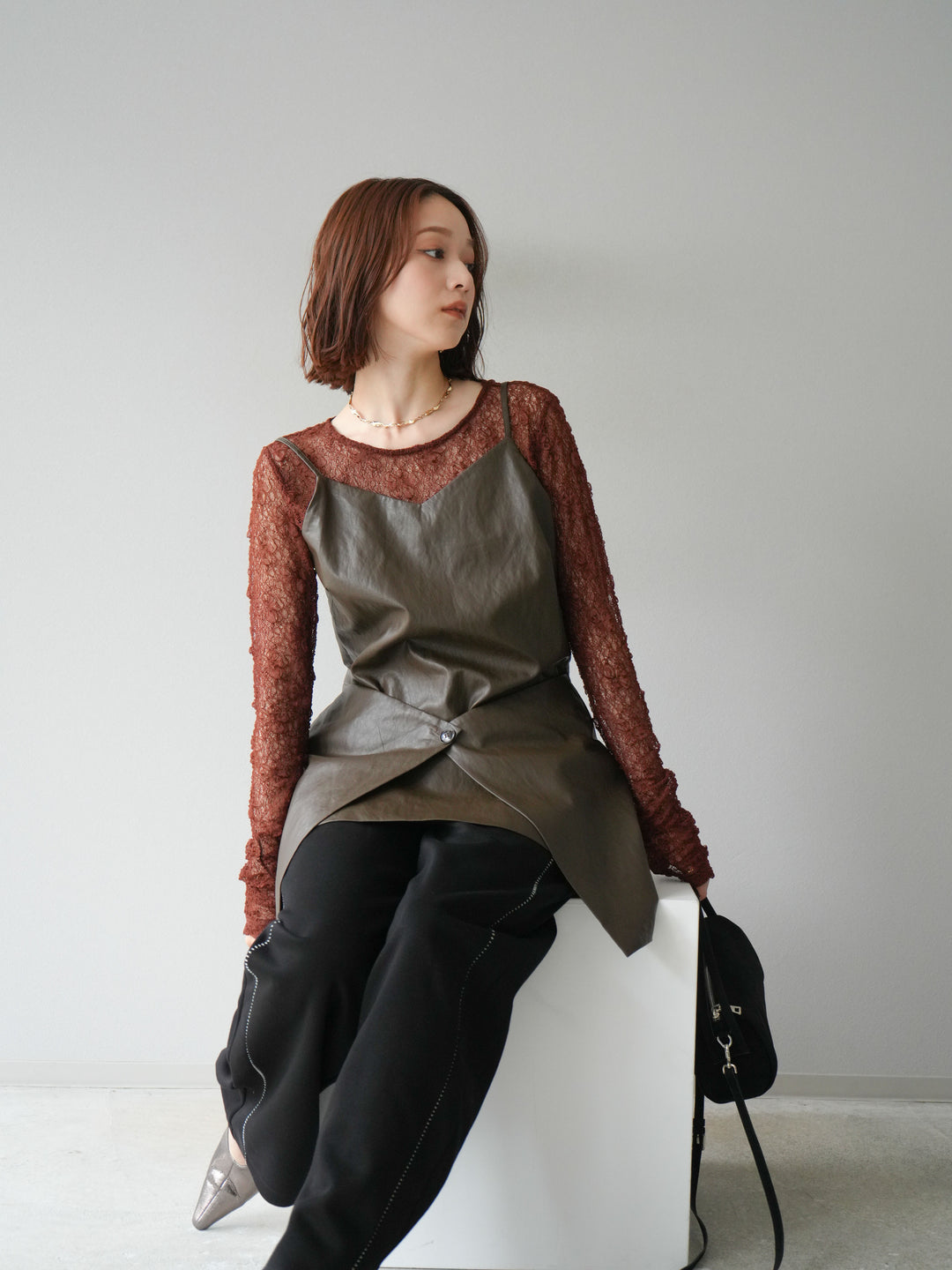 [予約]レイヤードレザーキャミソールチュニック/ブラウン