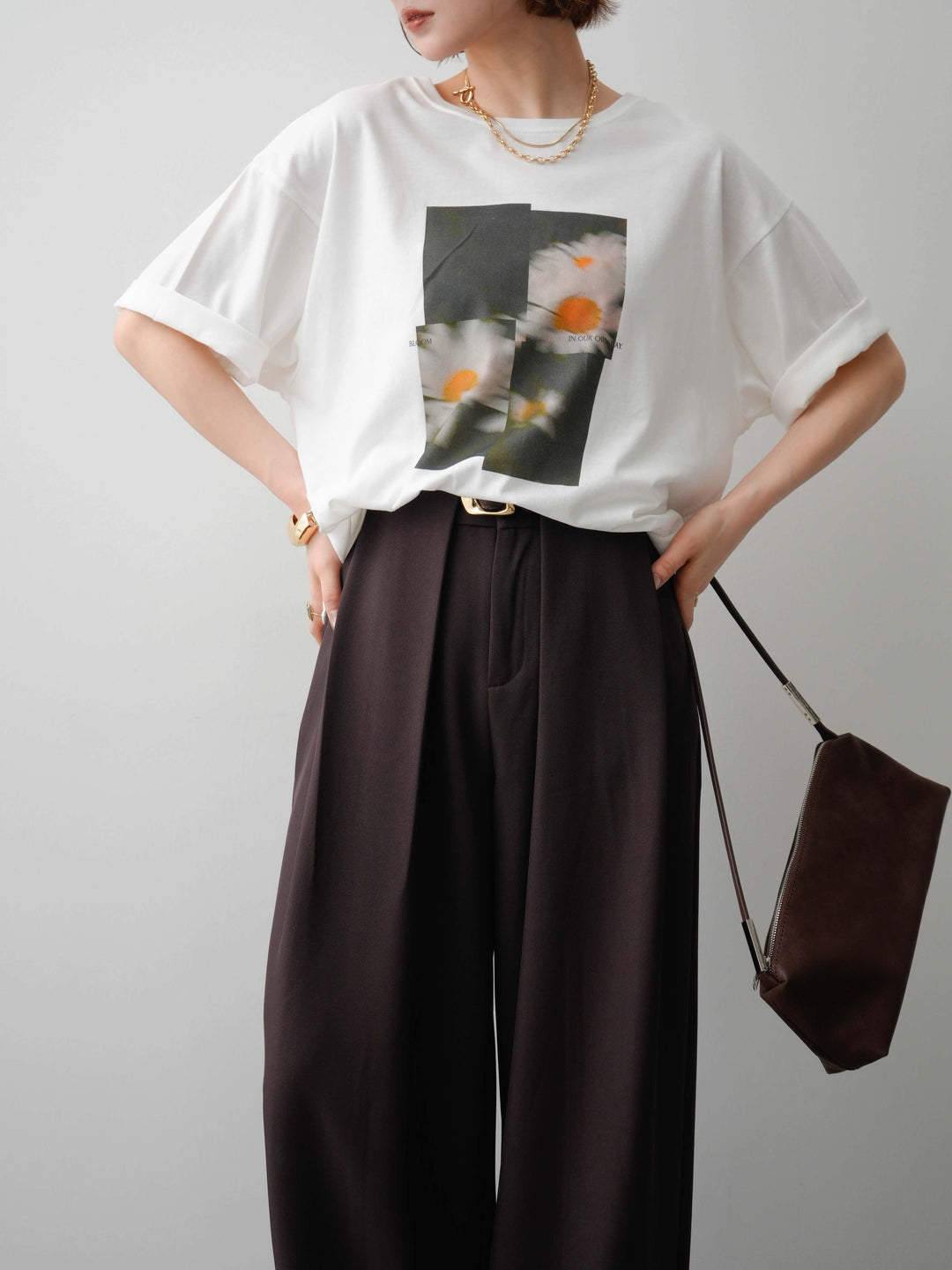 [SET]フラワーフォトTEE+ベルトループデザインワイドパンツ(2set)