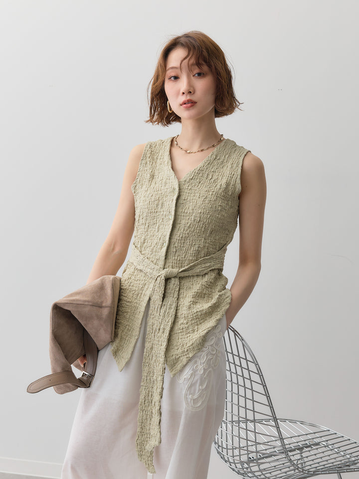 [予約]シャーリングウエストリボンVネックトップス/green