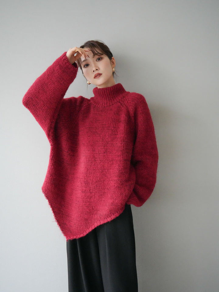 [予約]アシンメトリーハイネックニットプルオーバー/red