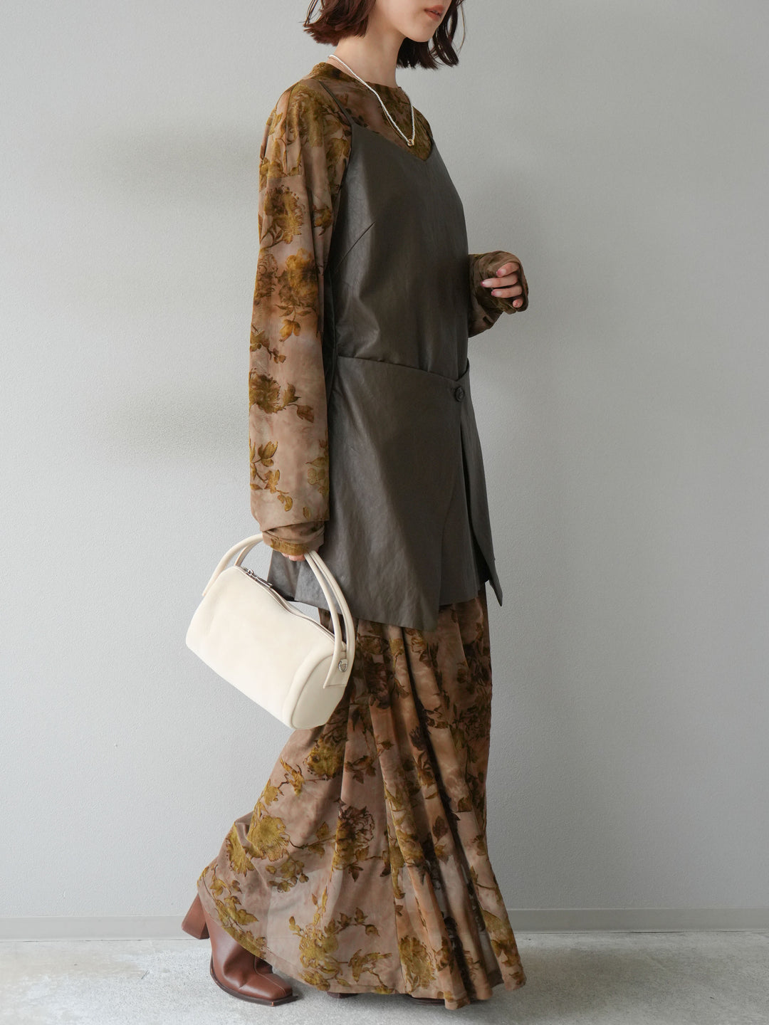 [予約]レイヤードレザーキャミソールチュニック/ブラウン